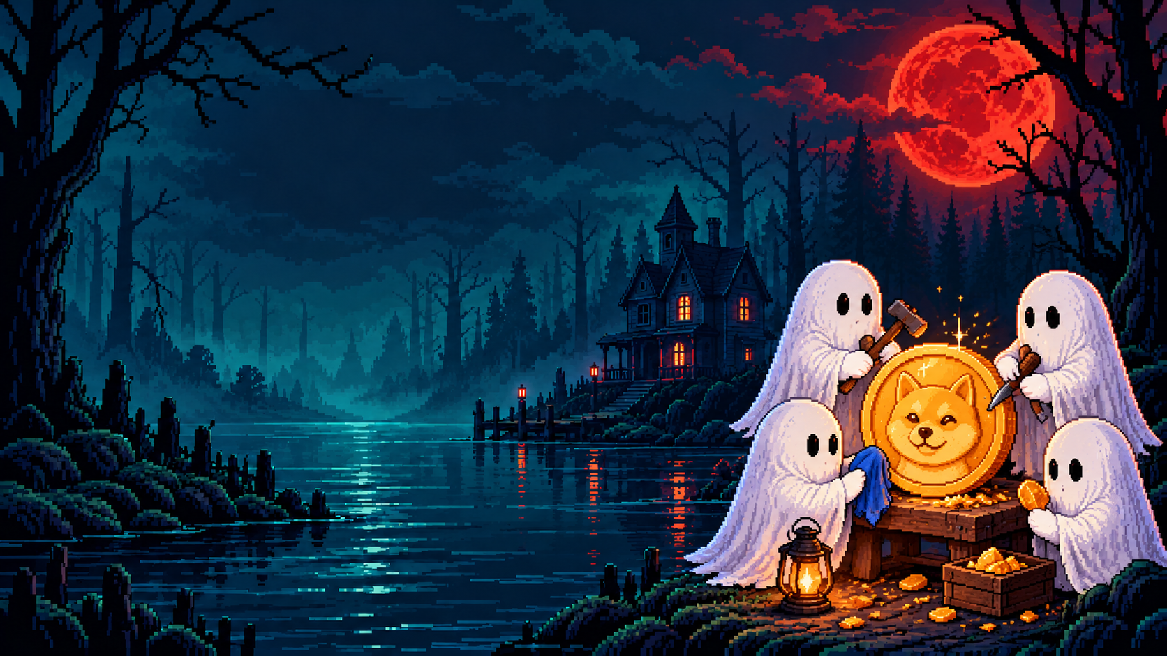 HALLOWINU. Spooky season belongs to the Inu. Four pixel-art ghosts build and polish a golden HALLOWINU Shiba coin beside a haunted forest and misty river beneath a red moon.